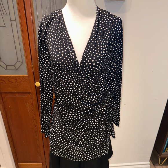 Anne Klein - White and Black Polka Dot - Wrap Top - L - Picture 1 of 2